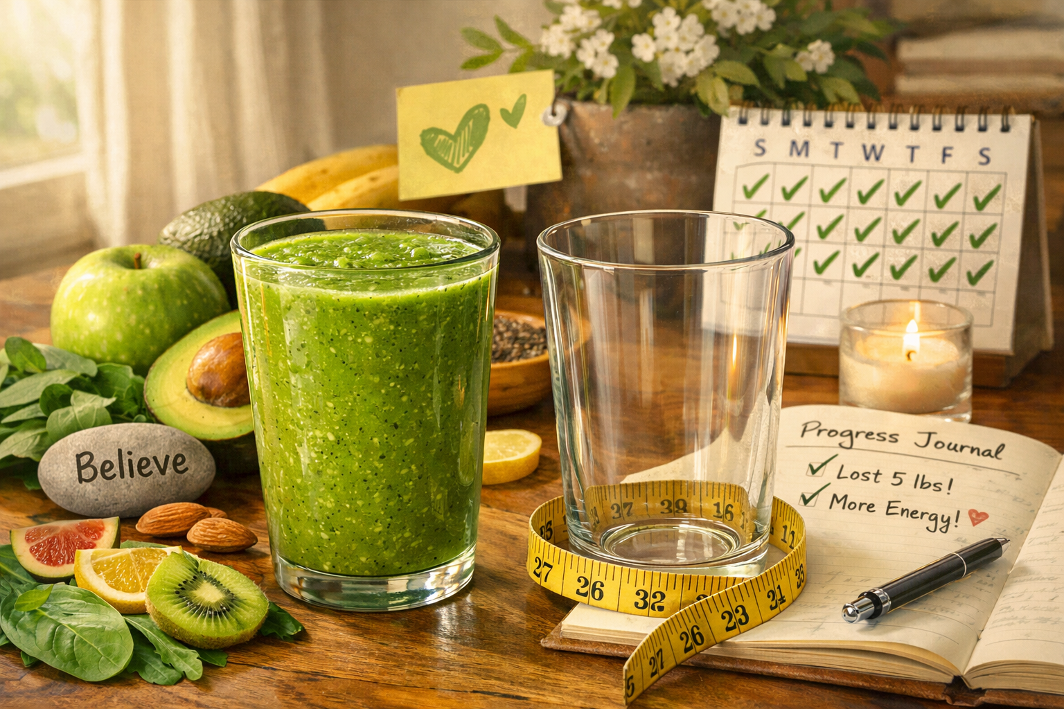 Motivational landscape image (1536x1024) showing before-and-after concept through two identical clear glasses side by side. Left glass conta