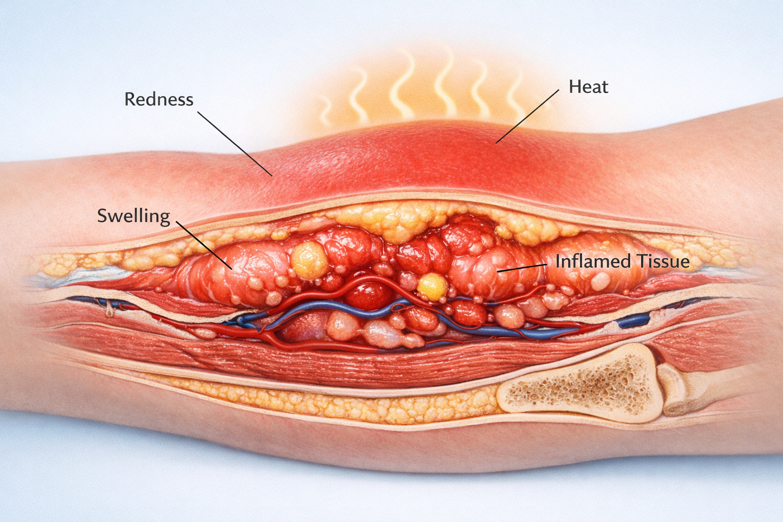 Detailed anatomical illustration showing cross-section of inflamed arm tissue with swelling, redness, and heat indicators,