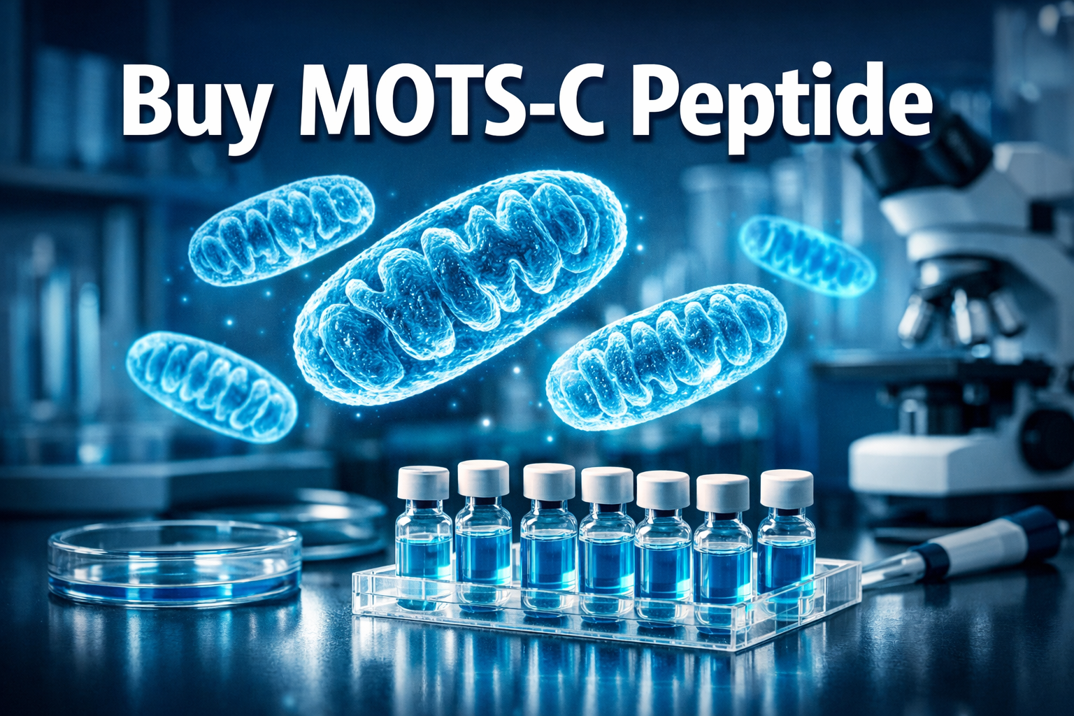 Professional () hero image featuring 'Buy MOTS-C Peptide' in extra large white with dark effect, centered in upper third.