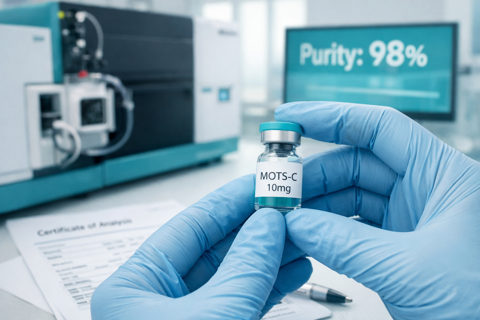 Detailed () image showing a close-up of a researcher's gloved hands holding a labeled MOTS-C peptide vial against a bright
