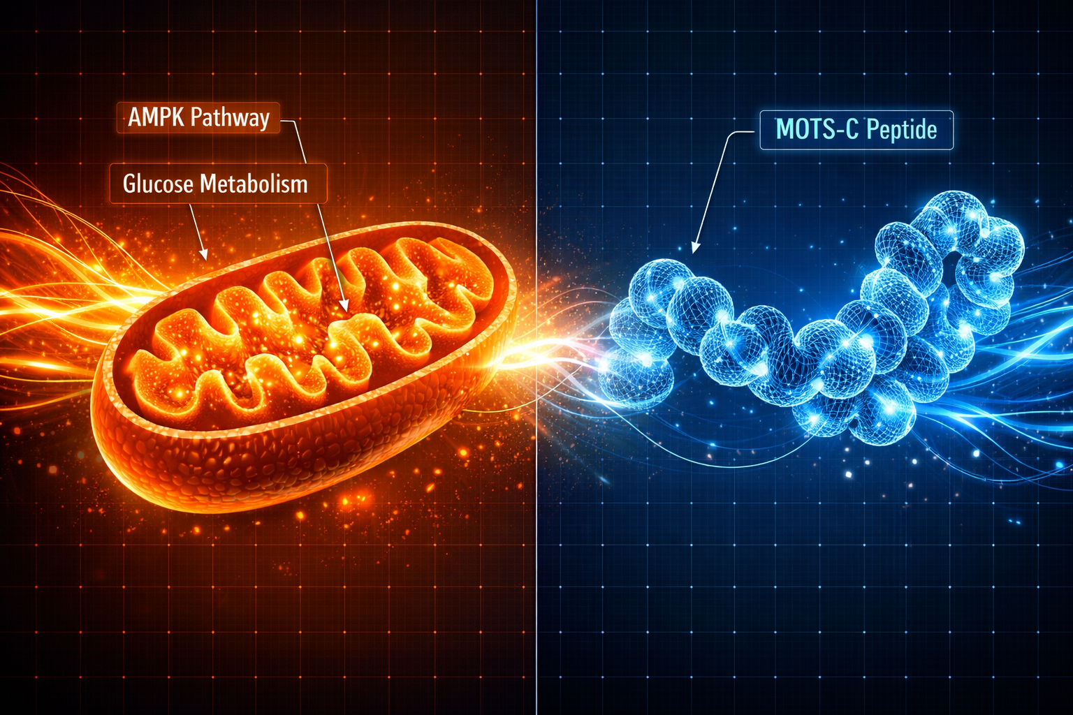 Detailed () conceptual illustration showing a split-screen comparison: left side depicts a mitochondria cross-section