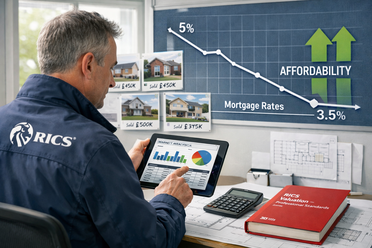 Detailed () image showing professional RICS surveyor conducting property inspection with modern digital tools, tablet