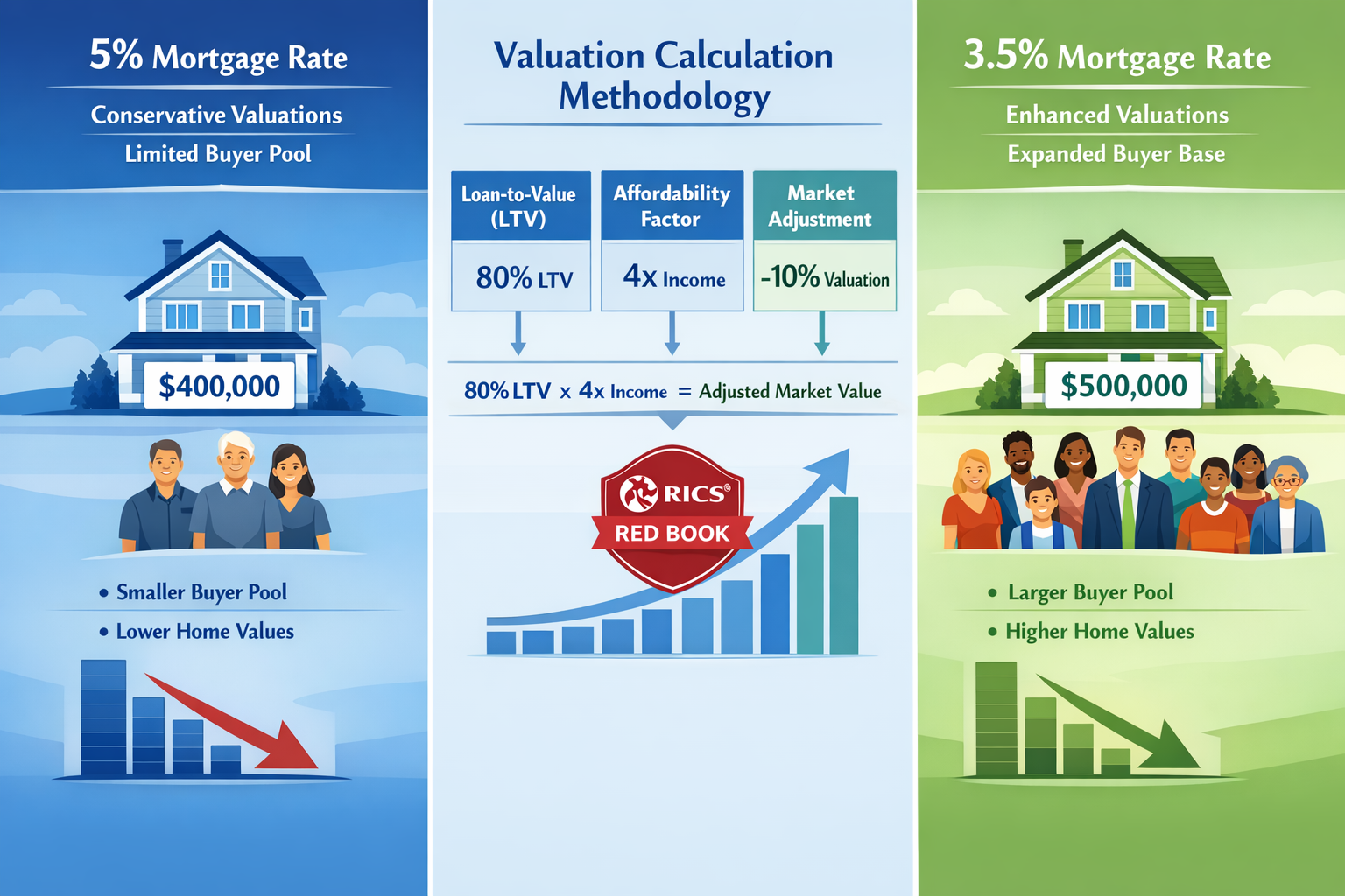Comprehensive () infographic-style image displaying side-by-side comparison of property valuations under different mortgage