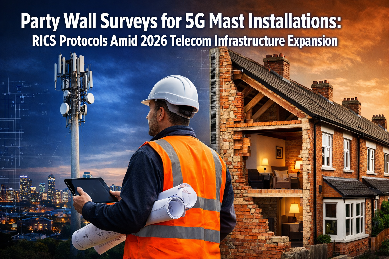 Professional () hero image featuring 'Party Wall Surveys for 5G Mast Installations: RICS Protocols Amid 2026 Telecom