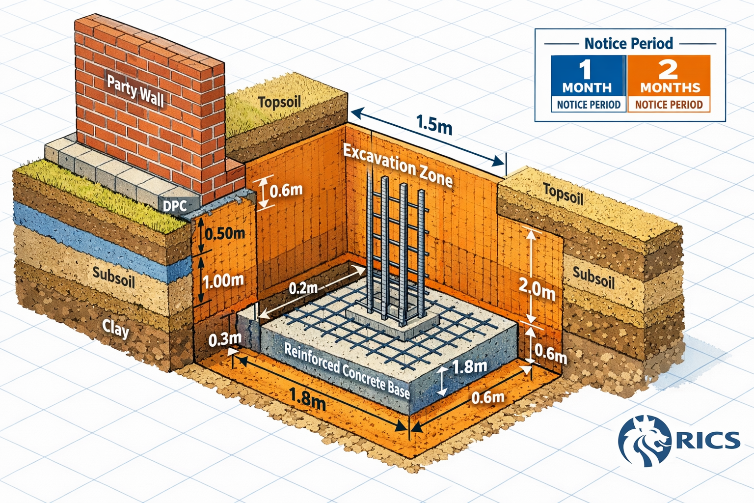 Detailed () image showing close-up cross-section technical illustration of 5G mast foundation excavation adjacent to