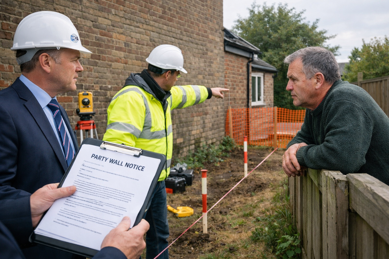 Wide-angle () photograph of actual site meeting showing three professionals examining party wall near proposed 5G mast
