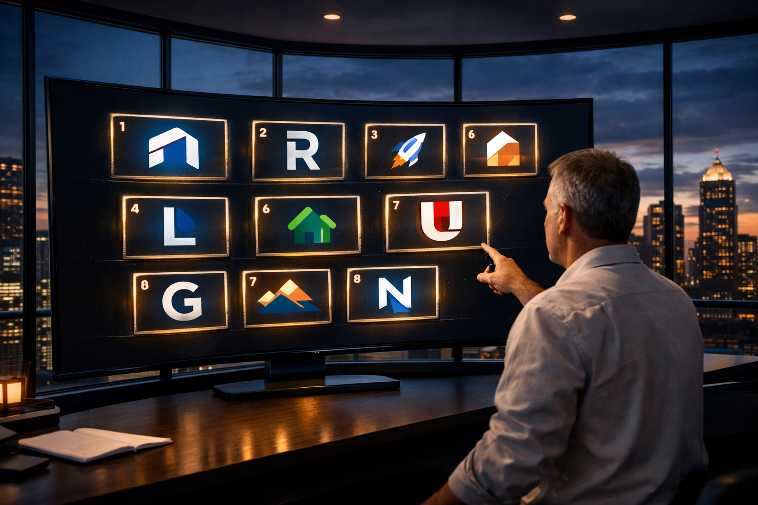 Wide-angle shot of ten distinct lender brand logos represented as glowing digital cards arranged in a ranked leaderboard