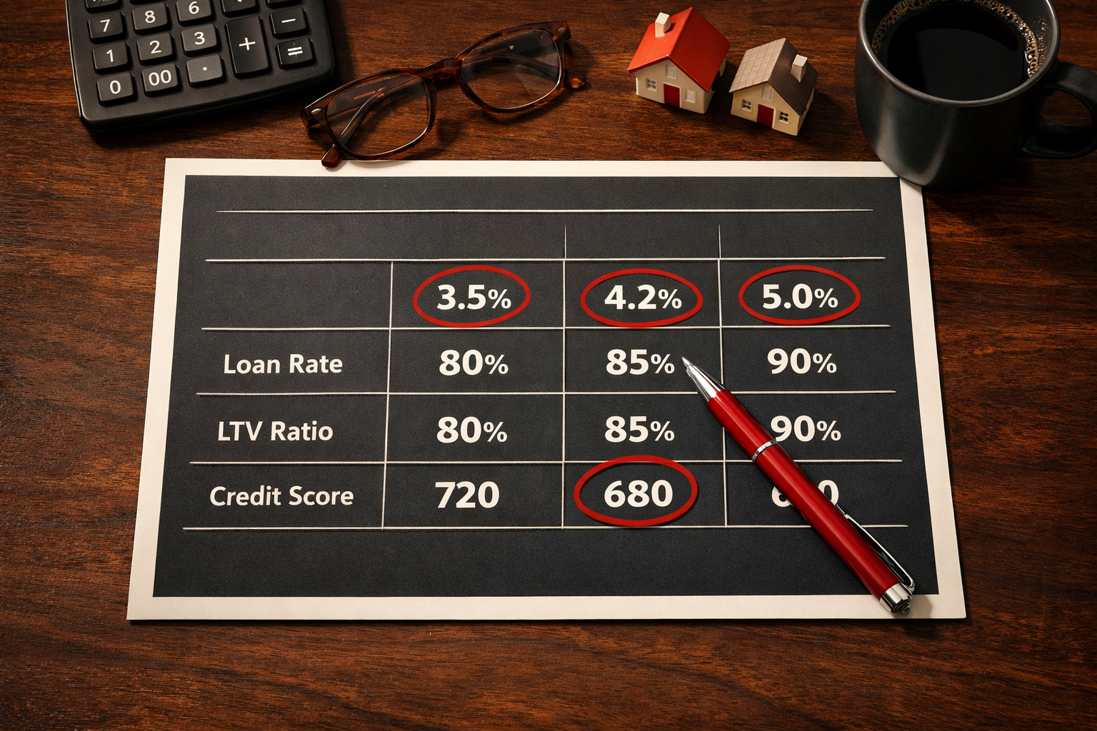 Flat-lay overhead composition of a financial comparison table printed on premium paper showing loan rate percentages, LTV