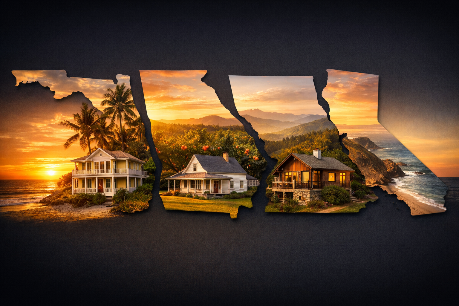 Split-scene landscape image showing four distinct U.S. state silhouettes &mdash; Florida palm trees, Georgia peach orchard, North
