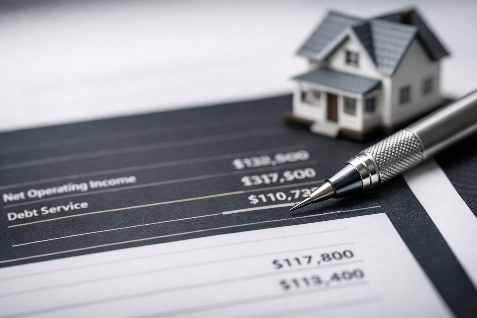 Close-up macro shot of a printed DSCR loan calculation worksheet with a mechanical pencil mid-calculation, NOI figures and