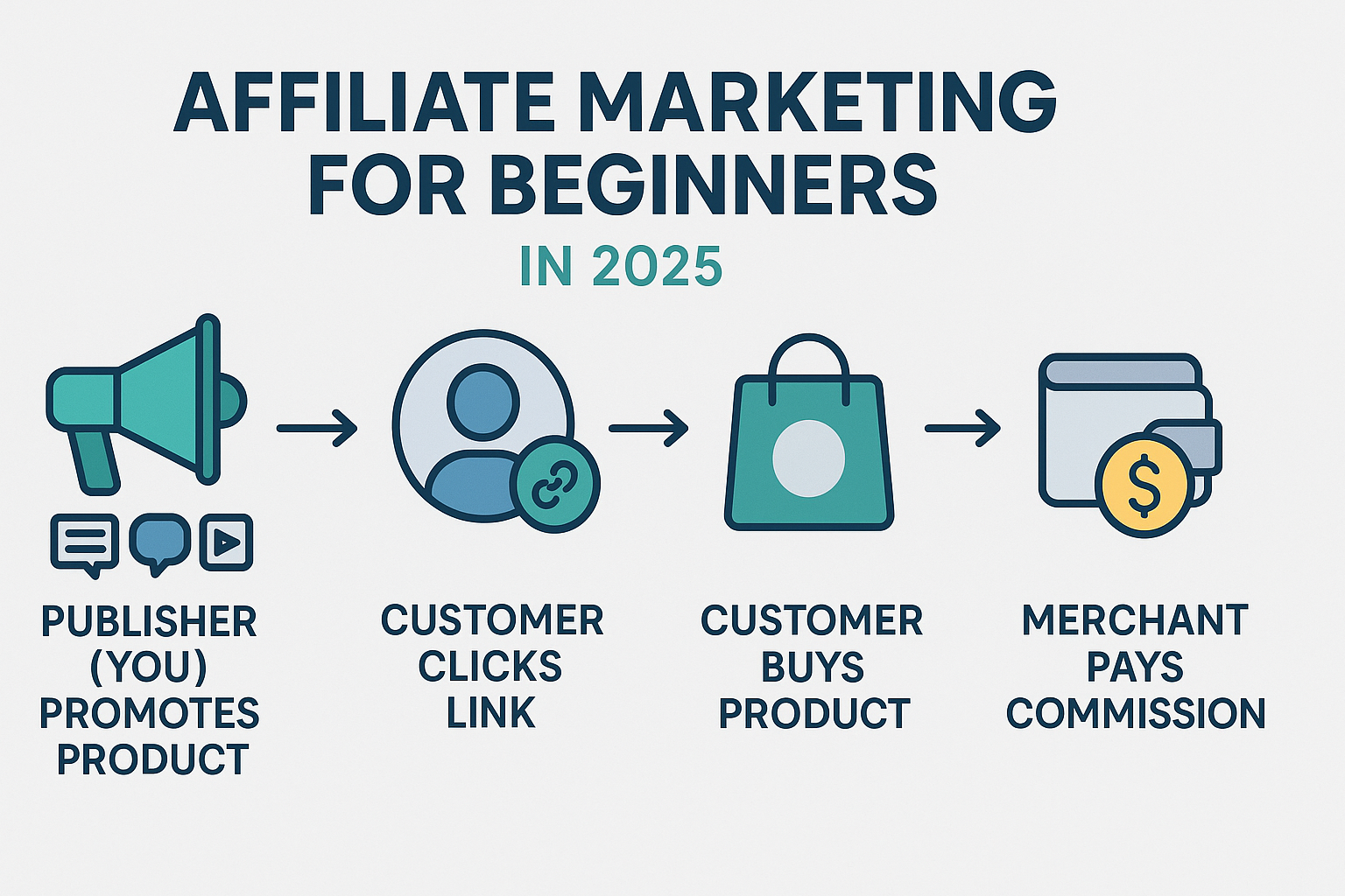 An infographic illustrating the core concepts of affiliate marketing for beginners in 2025. It should show a clear diagram flow: 'Publisher 