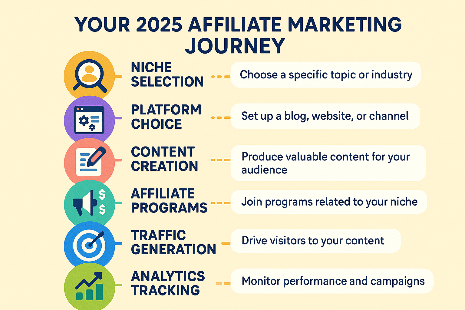 A visually engaging roadmap or checklist infographic for affiliate marketing beginners, titled 'Your 2025 Affiliate Marketing Journey'. This