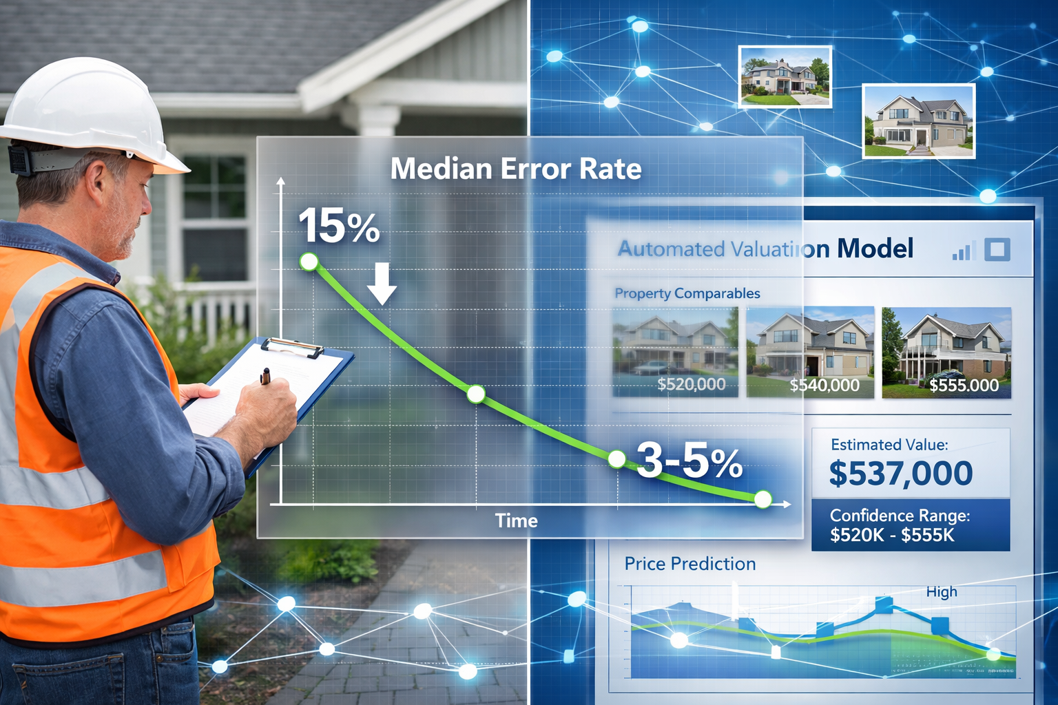 Landscape format (1536x1024) editorial image showing split-screen composition: left side displays traditional surveyor with clipboard inspec