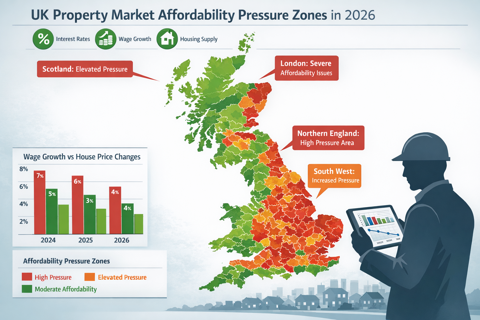 Landscape format (1536x1024) detailed infographic showing UK property market affordability pressure zones across different regions in 2026.