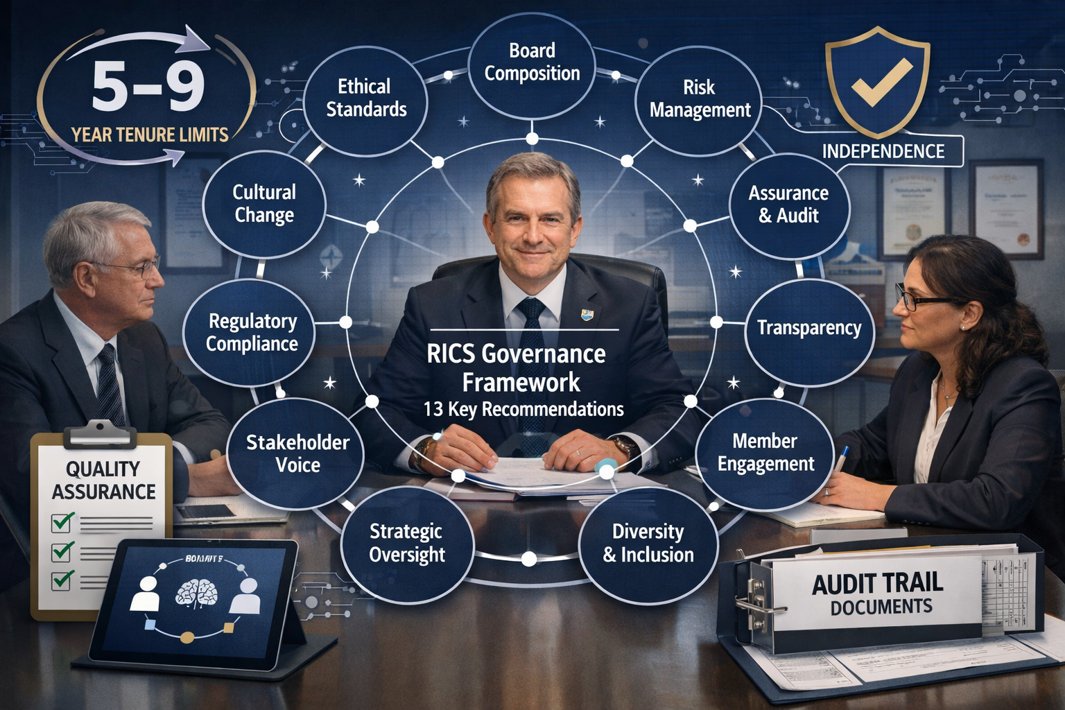 Landscape format (1536x1024) professional composition showing RICS governance framework implementation in modern surveying practice. Central