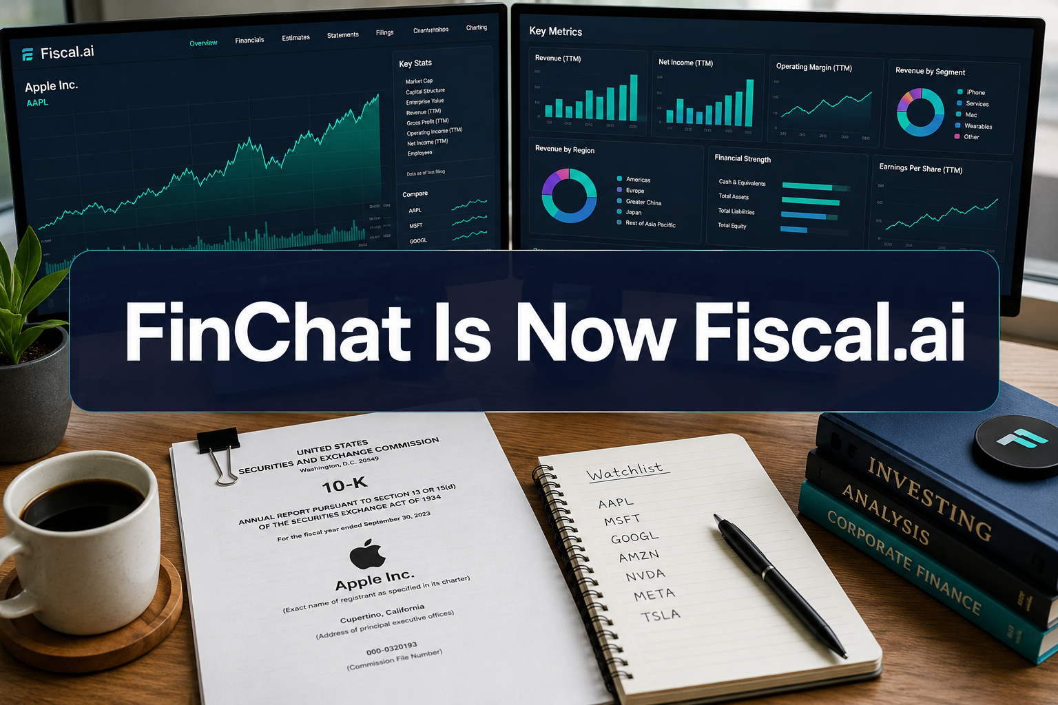 Professional () hero image with (≤42 chars): 'FinChat Is Now Fiscal.ai' in crisp white on a deep navy semi-transparent