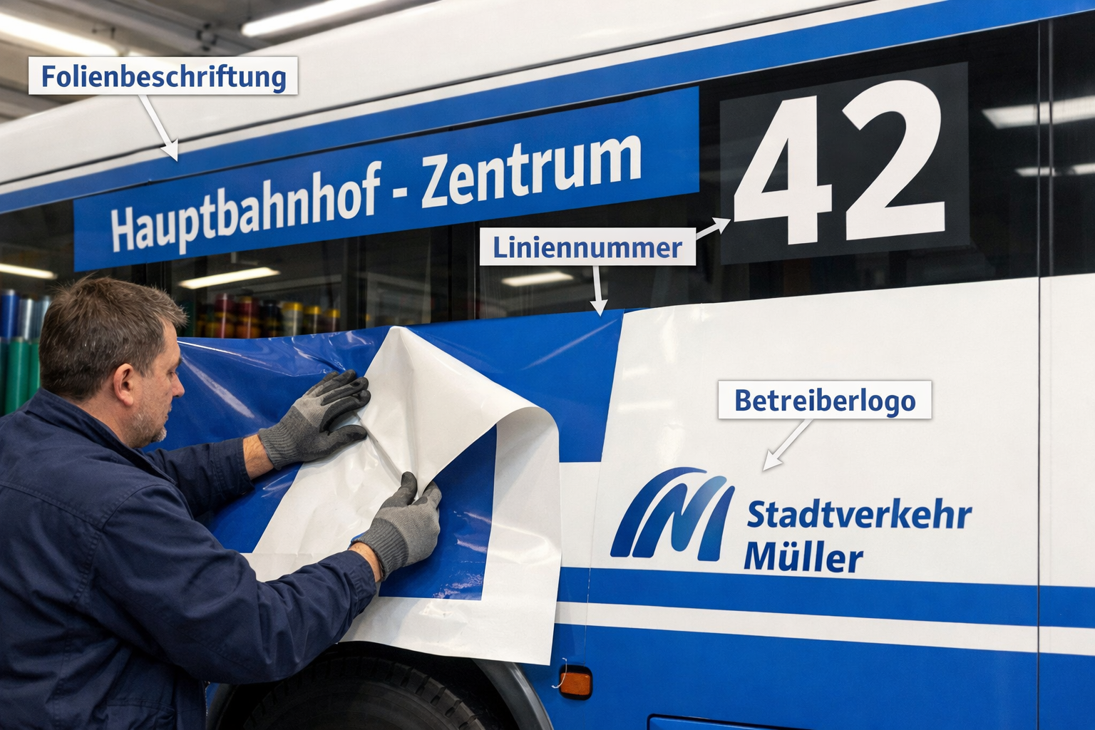 () editorial illustration showing a detailed close-up of a German Stadtbus side panel with professional vinyl lettering,