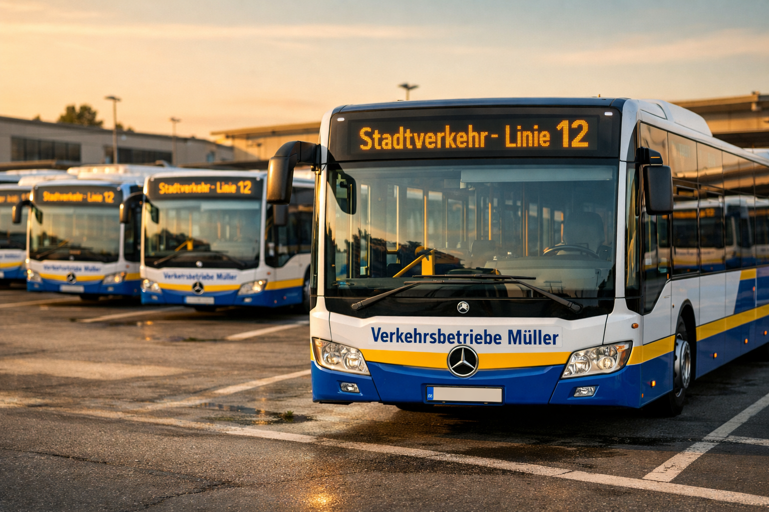 () wide-angle street photography style image of a German city bus fleet parked in a depot, all buses showing consistent