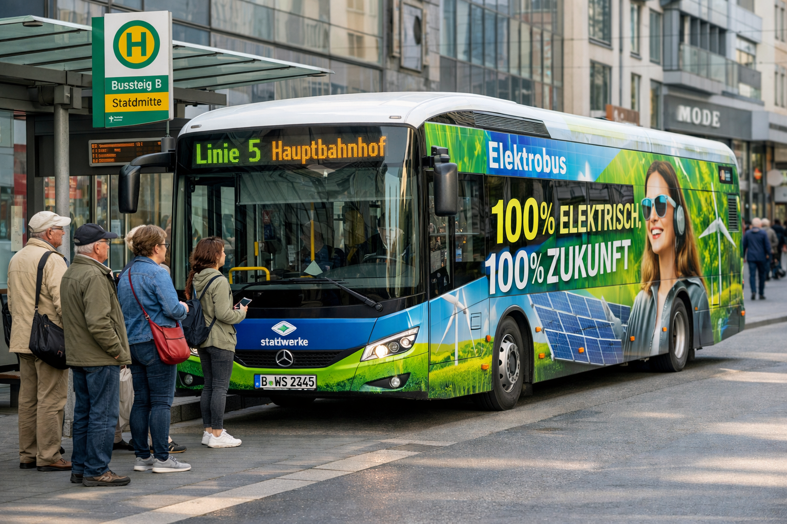 () editorial photo of a modern electric Stadtbus at a German city bus stop, featuring eye-catching full-body advertising