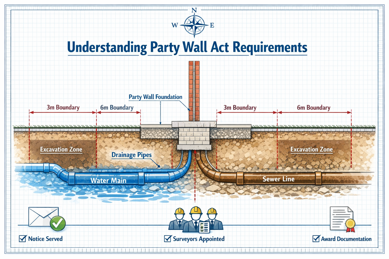 Detailed landscape format (1536x1024) image showing cross-sectional technical diagram of shared property wall with underground water and sew
