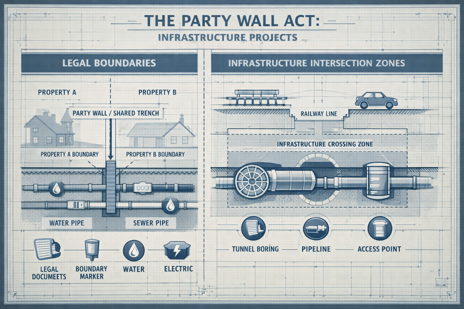 Professional architectural engineering infographic visualizing the Party Wall Act legal framework for infrastructure projects, featuring spl
