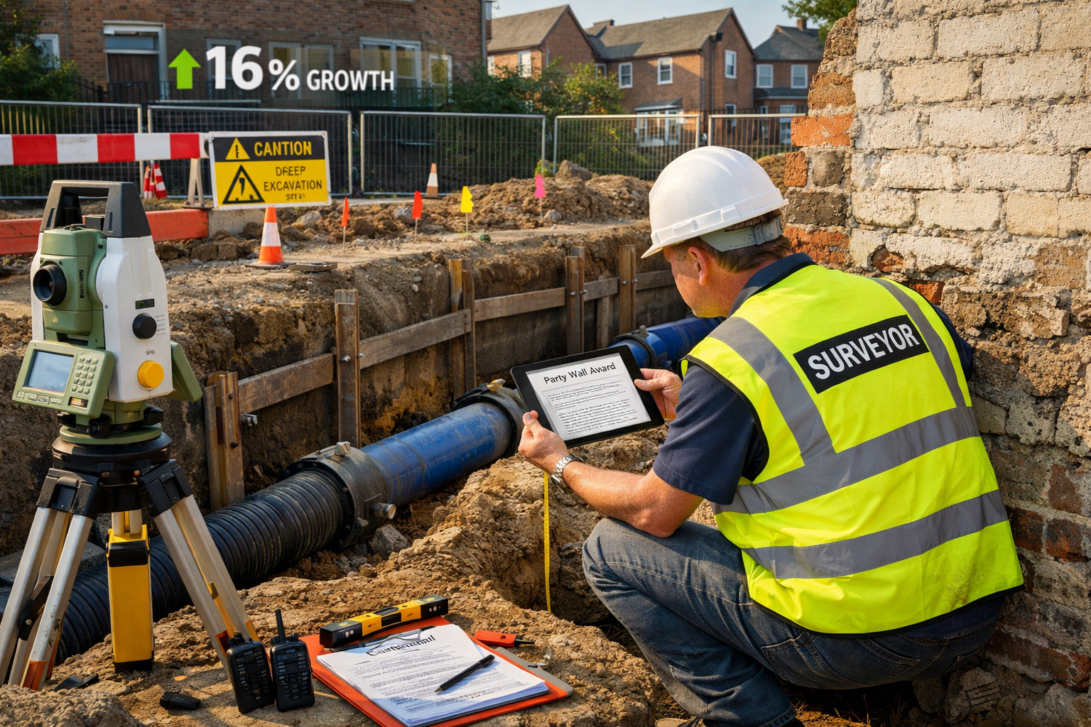 Detailed landscape format (1536x1024) professional photograph showing party wall surveyor conducting site inspection of water and sewer infr