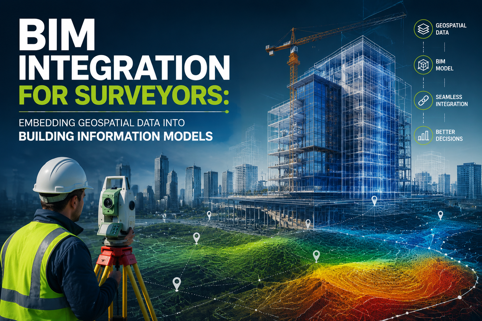 Professional landscape hero image () with : "BIM Integration for Surveyors: Embedding Geospatial Data into Building