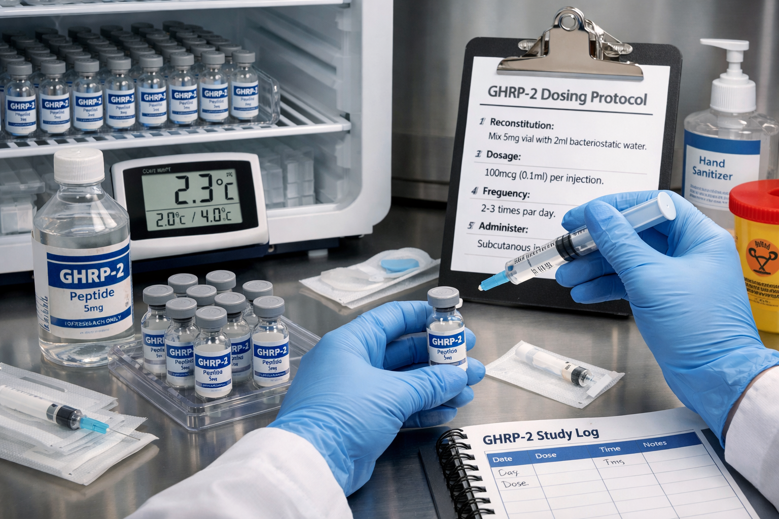 Research laboratory scene showing GHRP-2 peptide vials with proper storage conditions, reconstitution equipment, and dosing protocols. Clean