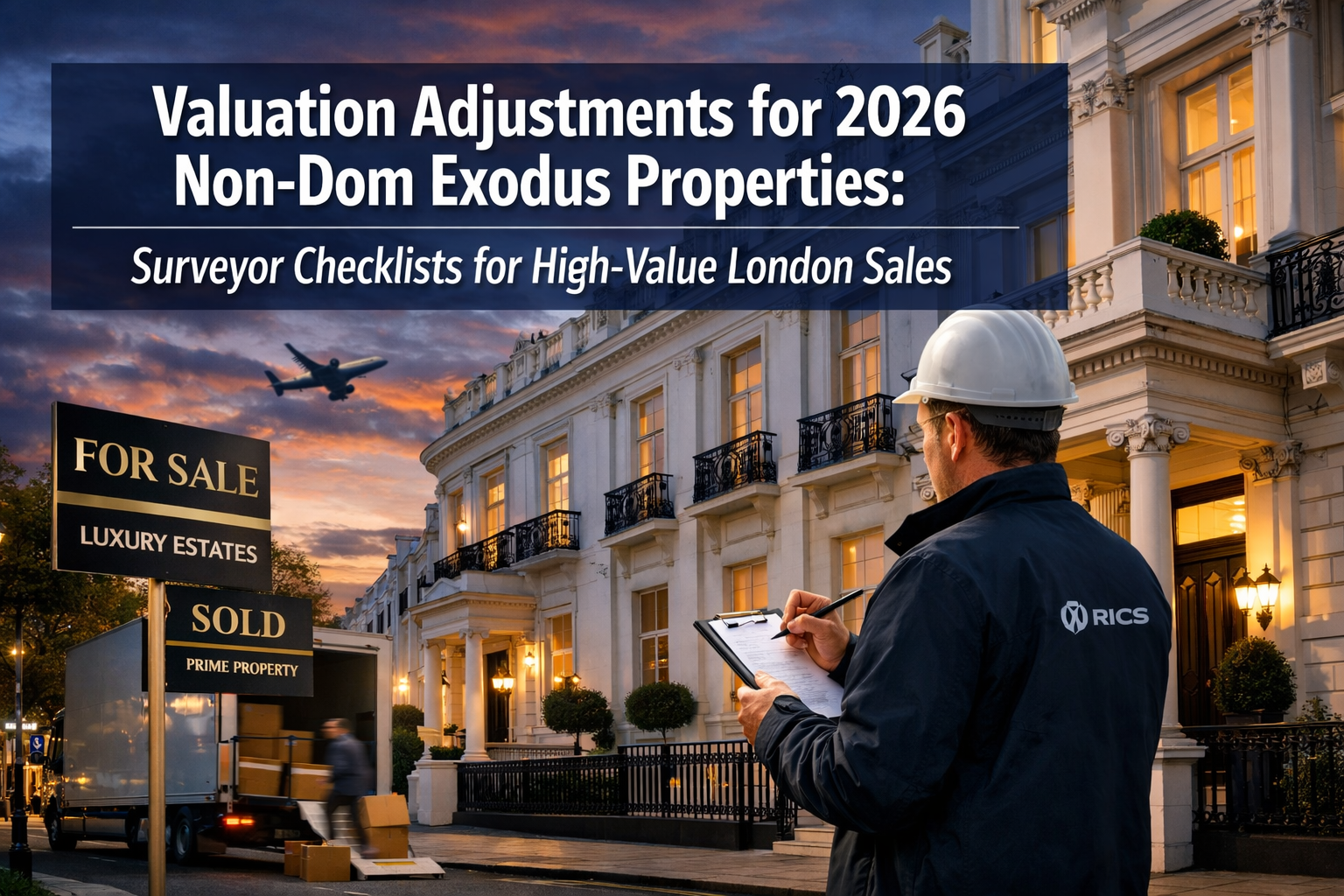 Professional landscape format (1536x1024) hero image featuring bold text overlay 'Valuation Adjustments for 2026 Non-Dom Exodus Properties: 