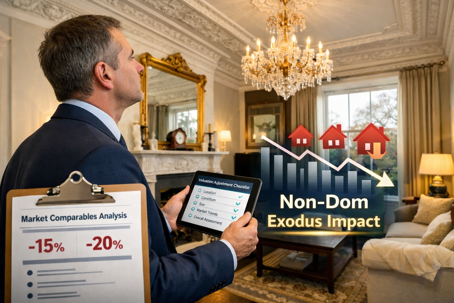 Detailed landscape format (1536x1024) image showing professional RICS chartered surveyor in business attire conducting property inspection o