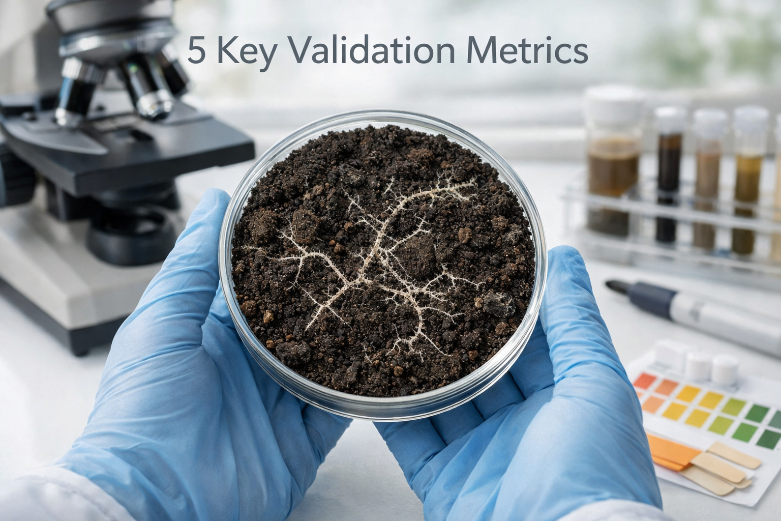 () detailed close-up photograph showing hands in protective gloves holding transparent petri dish containing dark soil