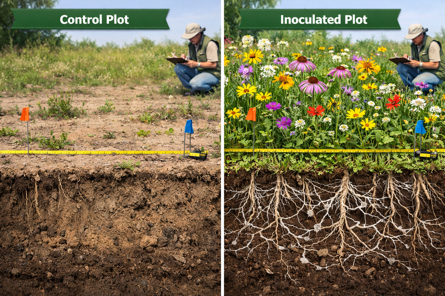 () split-screen comparison image showing two restored habitat plots side by side: left side labeled 'Control Plot' showing
