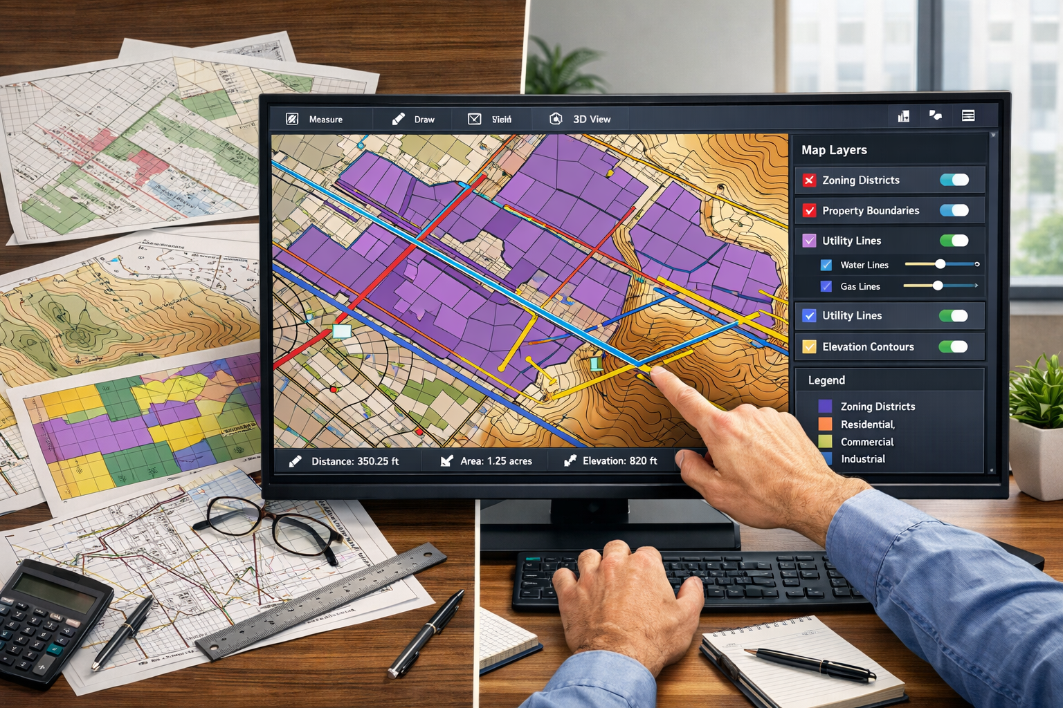 Landscape format (1536x1024) detailed illustration showing centralized GIS dashboard interface on large monitor displaying multiple overlaid