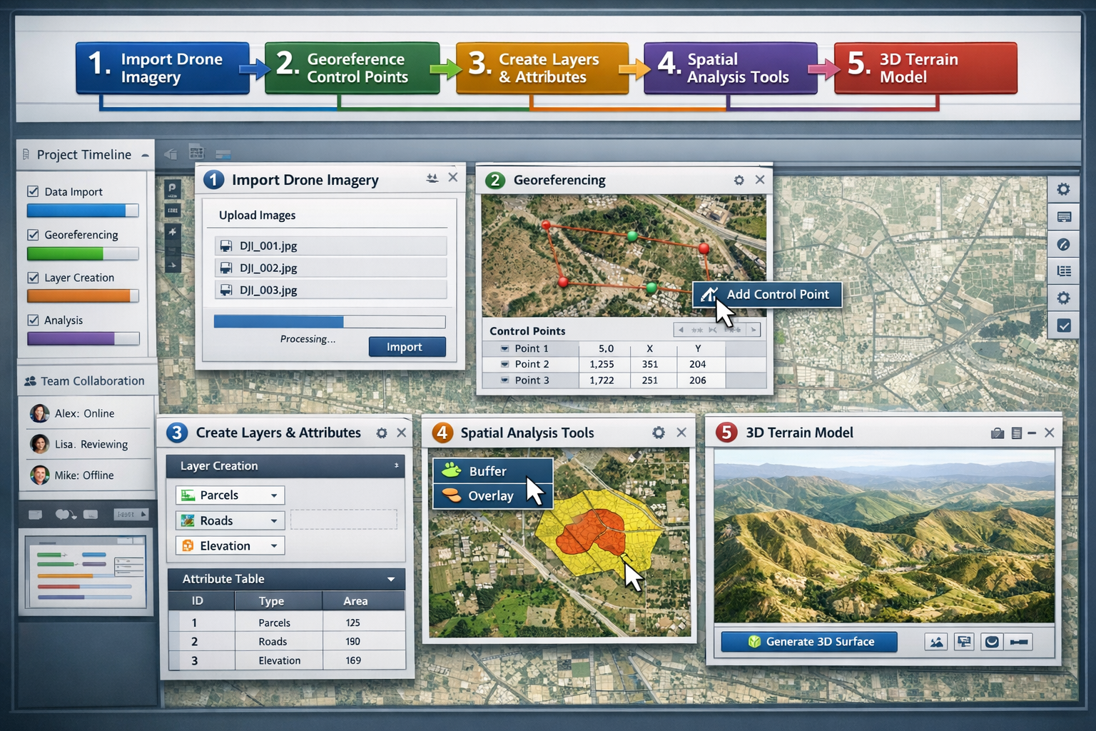 Landscape format (1536x1024) comprehensive visualization of GIS software tutorial interface showing step-by-step workflow for land surveying