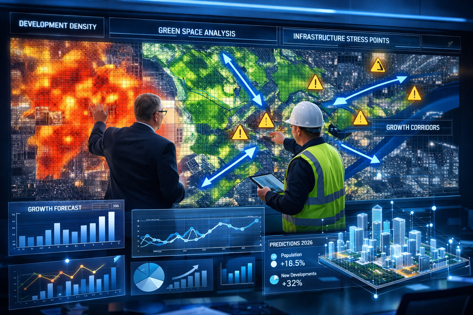 Landscape format (1536x1024) futuristic visualization of GIS pattern analysis results for urban planning project in 2026. Large interactive 