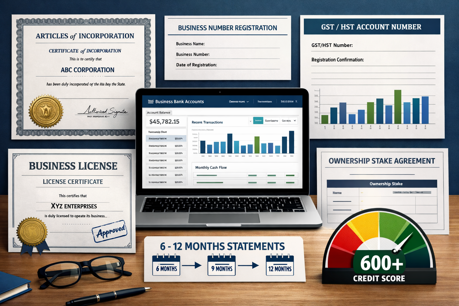 Landscape format (1536x1024) infographic-style image displaying business verification documents including Articles of Incorporation certific