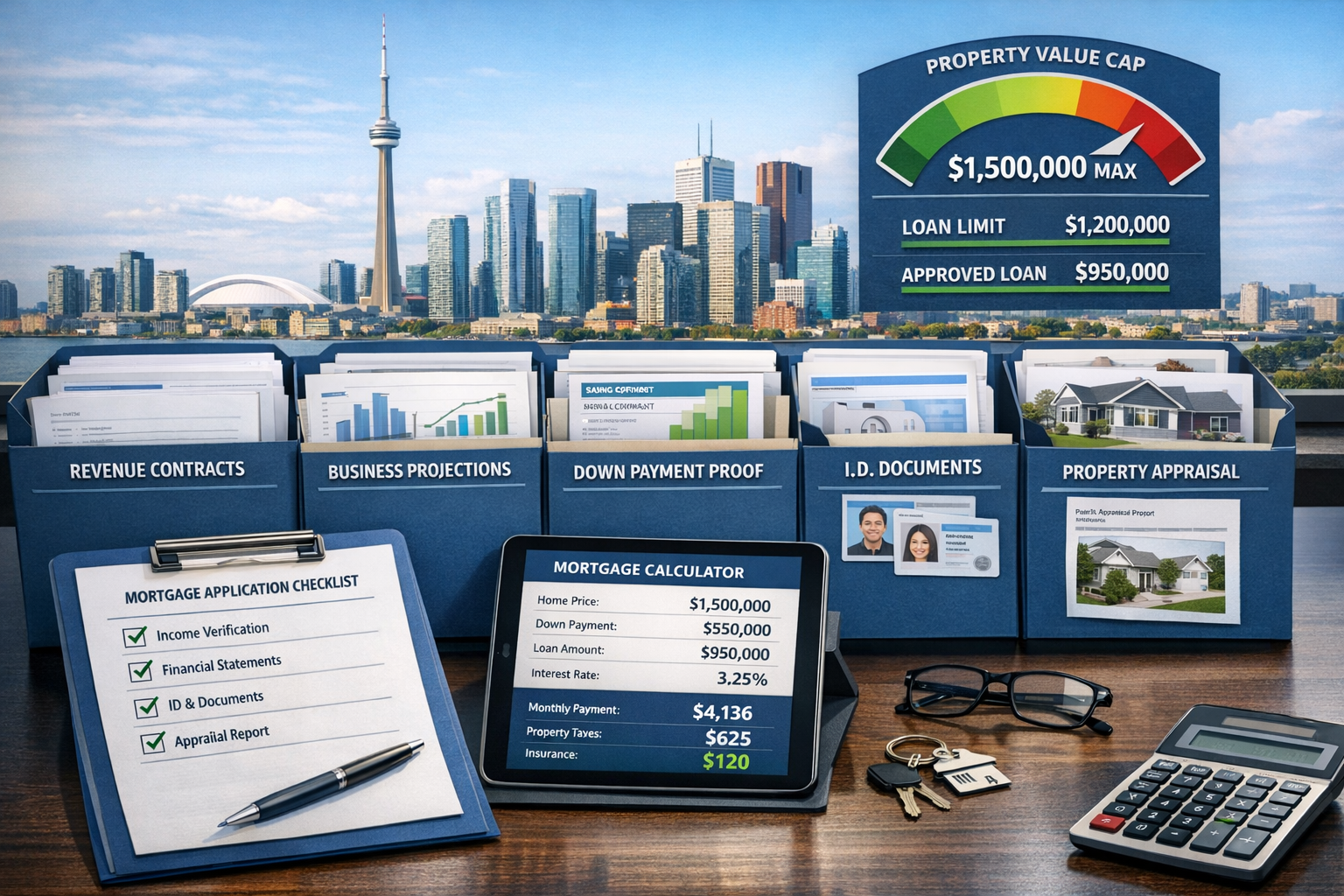 Landscape format (1536x1024) conceptual image showing mortgage application preparation with organized folder system containing revenue contr