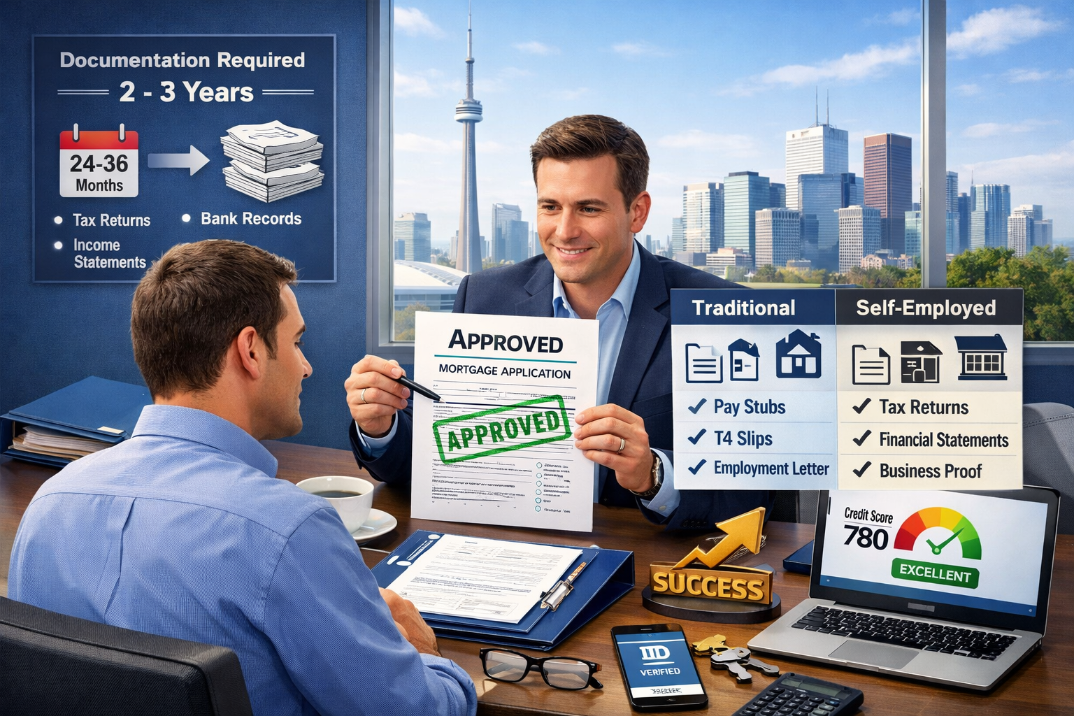 Landscape format (1536x1024) strategic planning image showing mortgage broker consultation scene with professional advisor reviewing complet