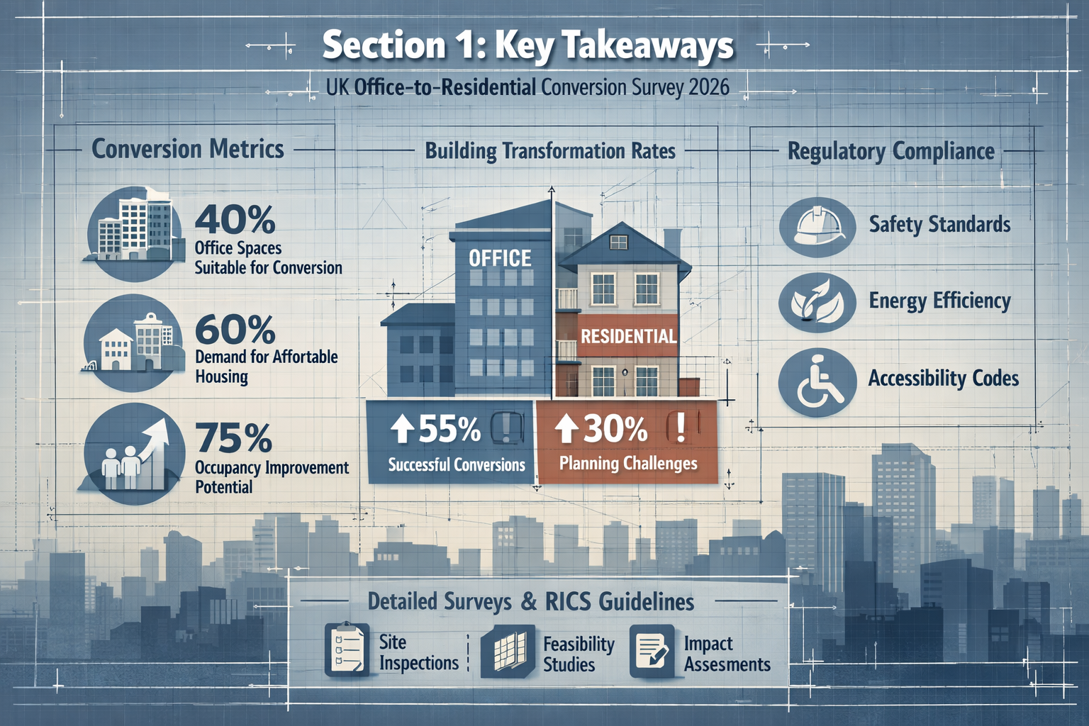 Section 1: Key Takeaways - Infographic-style editorial visualization mapping UK office-to-residential conversion survey protocols for 2026,