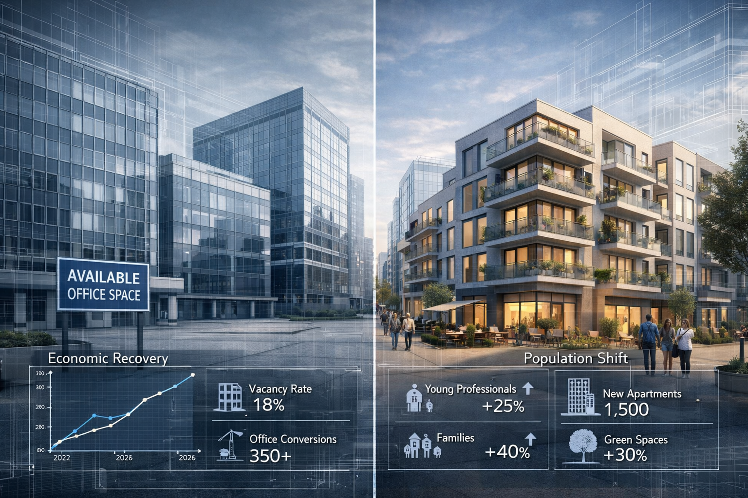 Section 2: 2026 Context Visualization - Photorealistic urban landscape split-screen composition showing pre-conversion office district trans