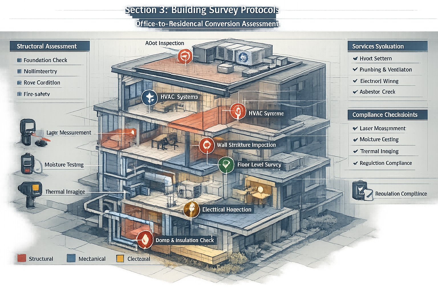 Section 3: Building Survey Protocols Visualization - Technical editorial illustration showcasing RICS building survey methodology, featuring