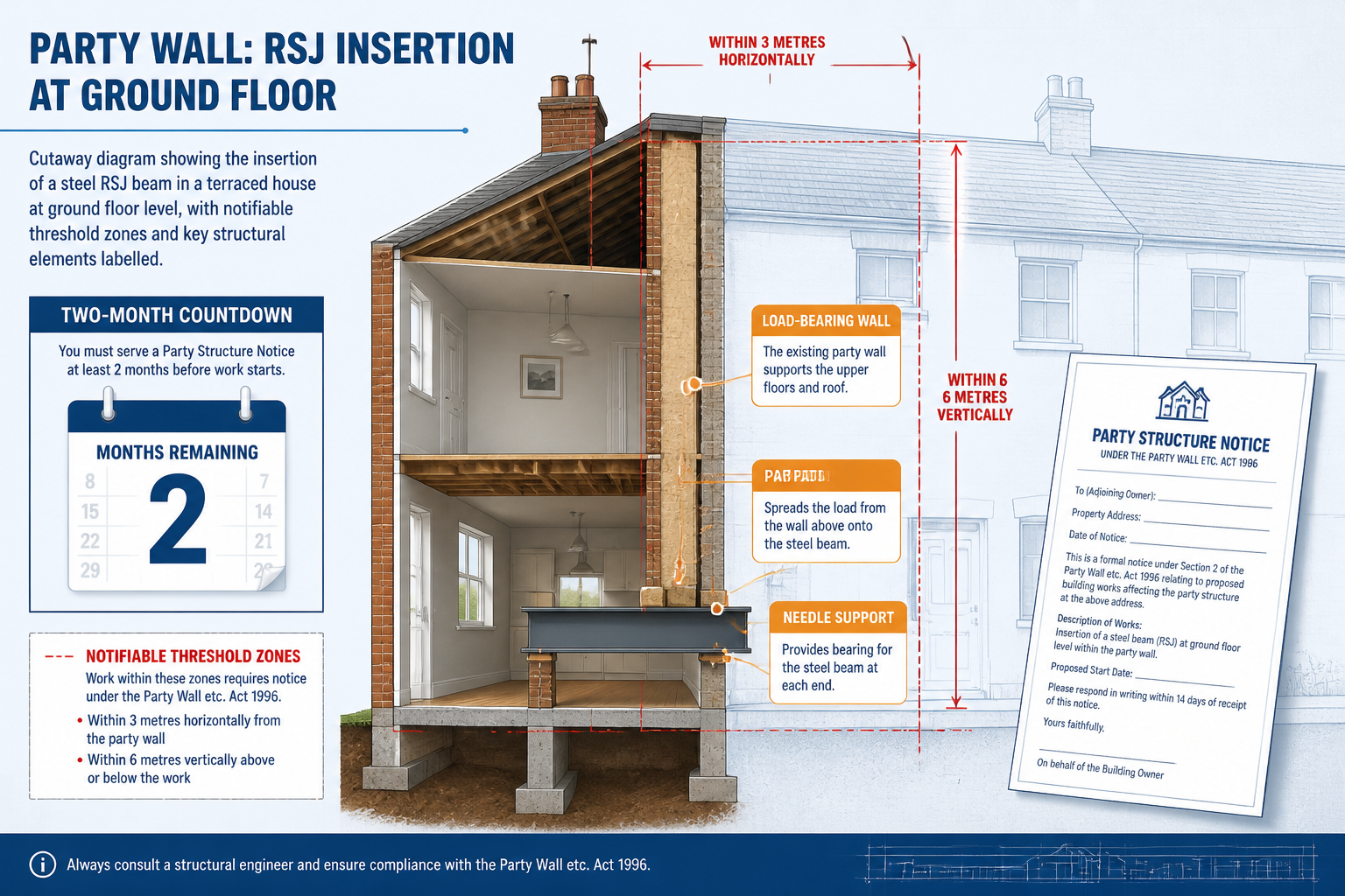 Detailed () infographic-style illustration showing a cutaway diagram of a terraced house party wall with a steel RSJ beam