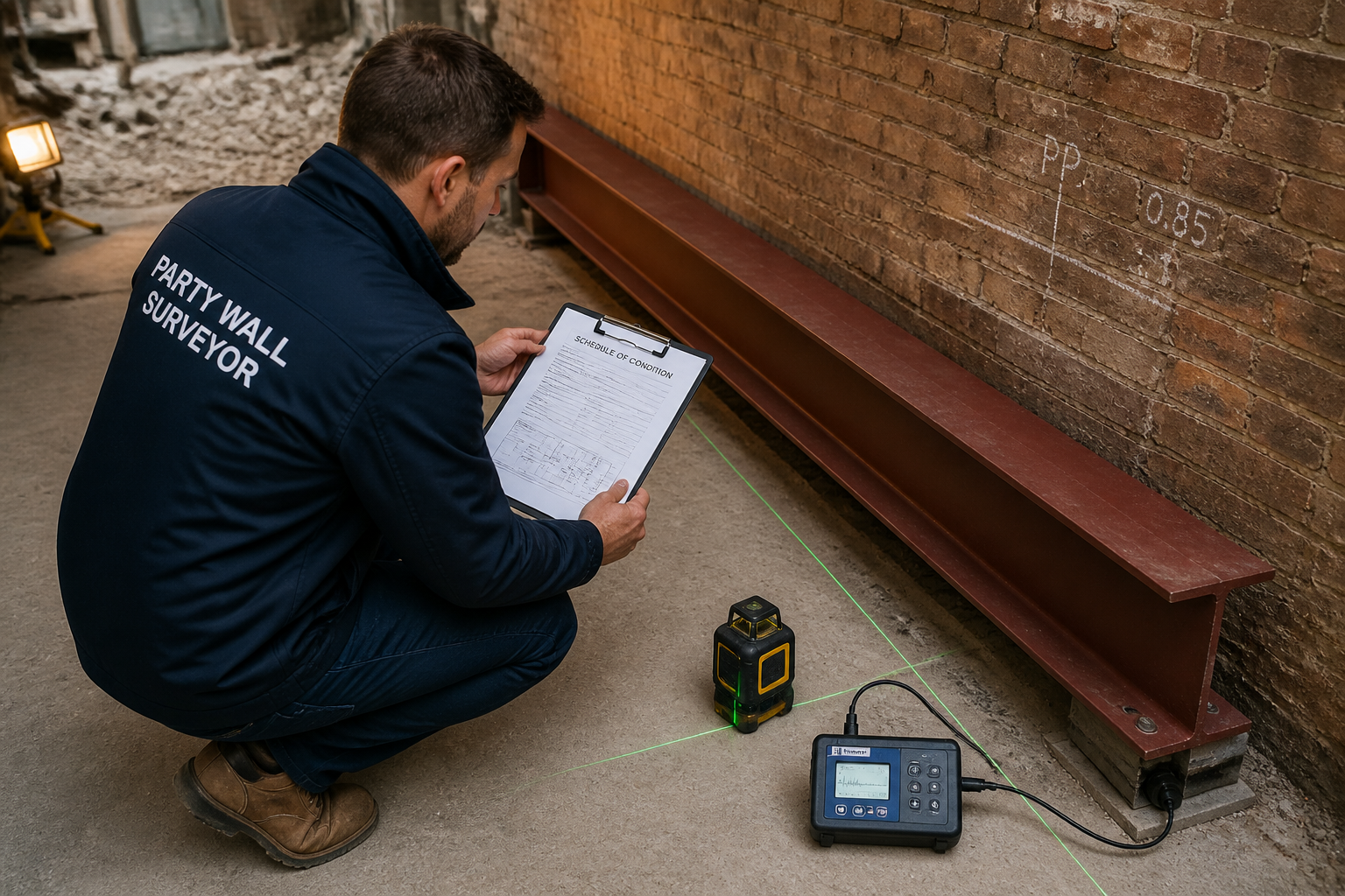() overhead aerial-perspective scene of a party wall surveyor in professional attire crouching beside a freshly installed