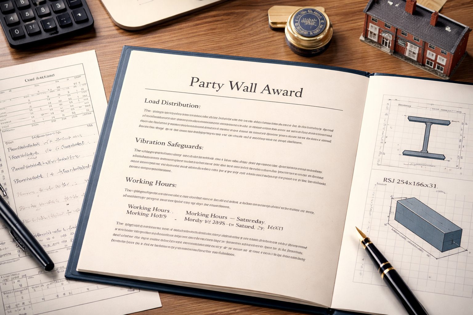 () flat-lay styled image of a Party Wall Award document spread open on a wooden desk, showing clauses about load