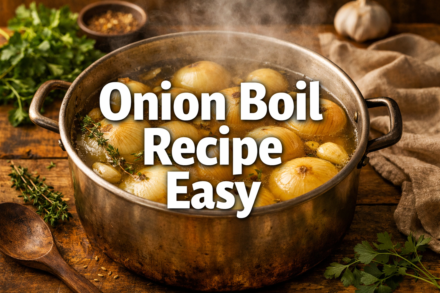 Professional landscape hero image (1536x1024) with bold text overlay 'Onion Boil Recipe Easy' in extra large 70pt white sans-serif font with