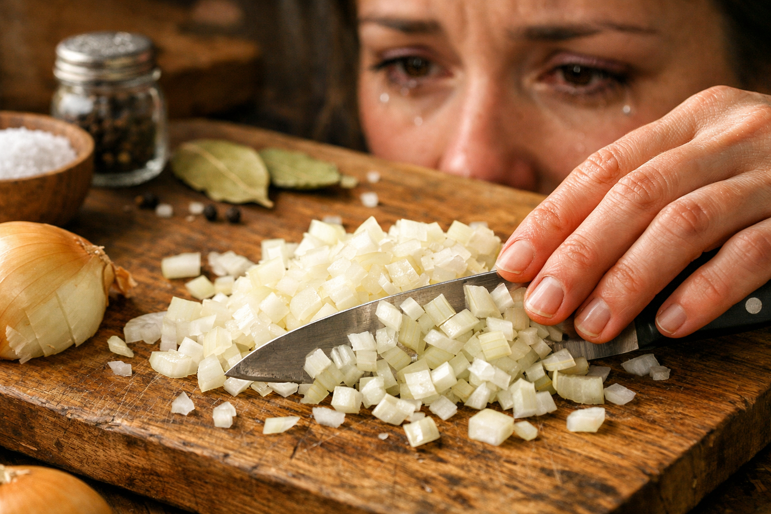 Close-up landscape shot (1536x1024) of hands chopping yellow onions on wooden cutting board with sharp knife, onion layers visible, tears fo