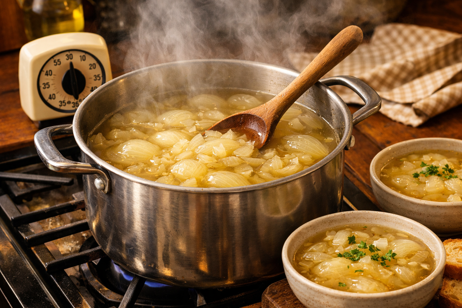 Steaming landscape image (1536x1024) of large pot on stovetop with golden translucent onions floating in clear broth, wooden spoon stirring,