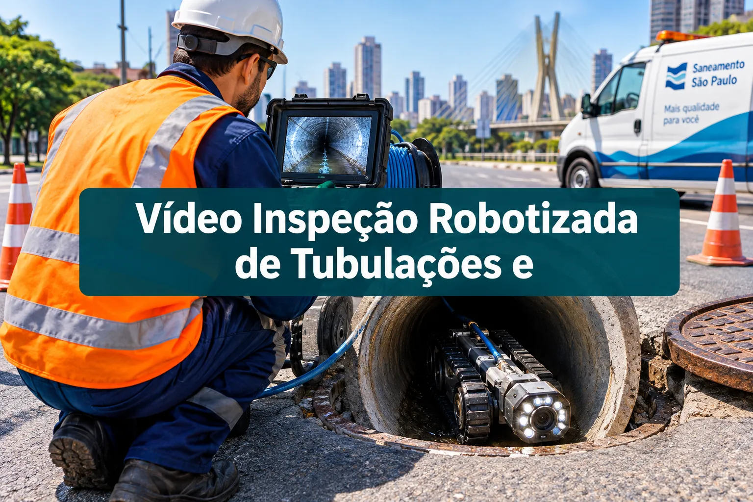 Professional () hero image with (≤42 chars): 'Vídeo Inspeção Robotizada de Tubulações e', white on a dark teal panel,