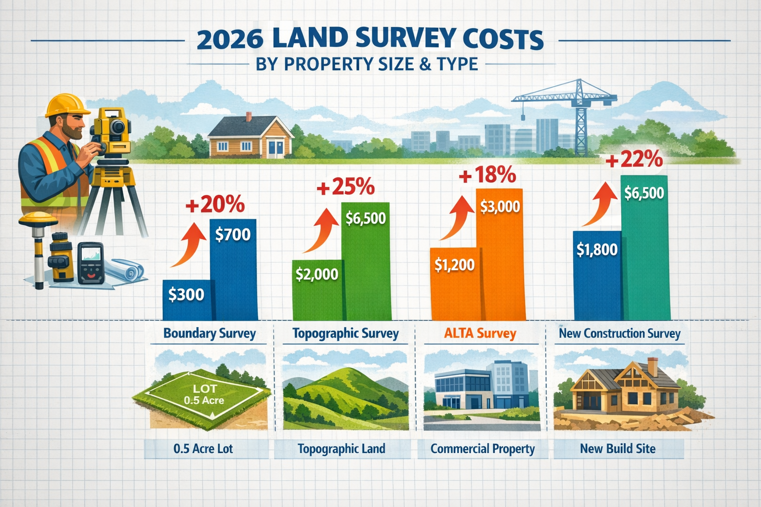 Detailed landscape format (1536x1024) infographic showing breakdown of 2026 land survey costs by property size and type, featuring vertical 