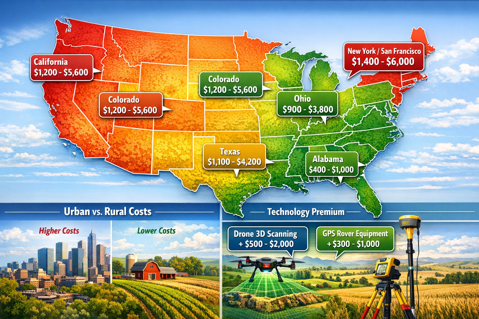 Comprehensive landscape format (1536x1024) visual comparison showing regional pricing variations across United States map, with highlighted 